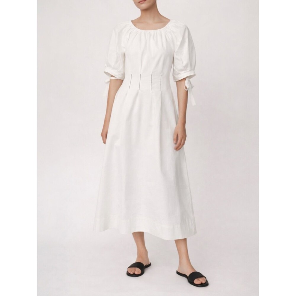 NWT En Saison White Midi Dress Puff Sleeve Tie Cuff Pleated Waist Large Milkmaid